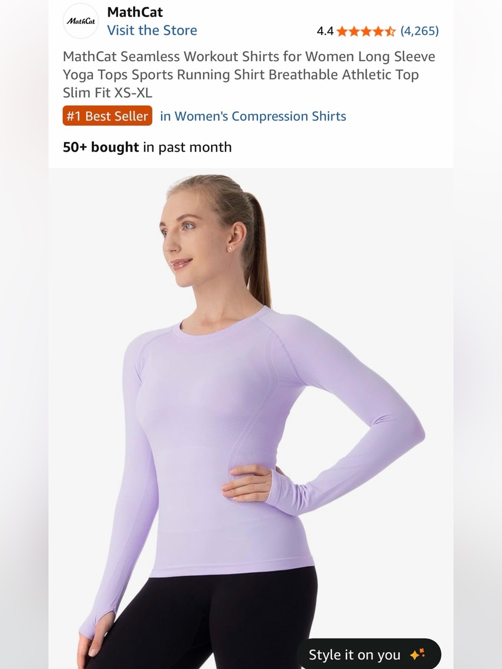 MathCat Women's Long Sleeve Seamless Workout Top - Lavender